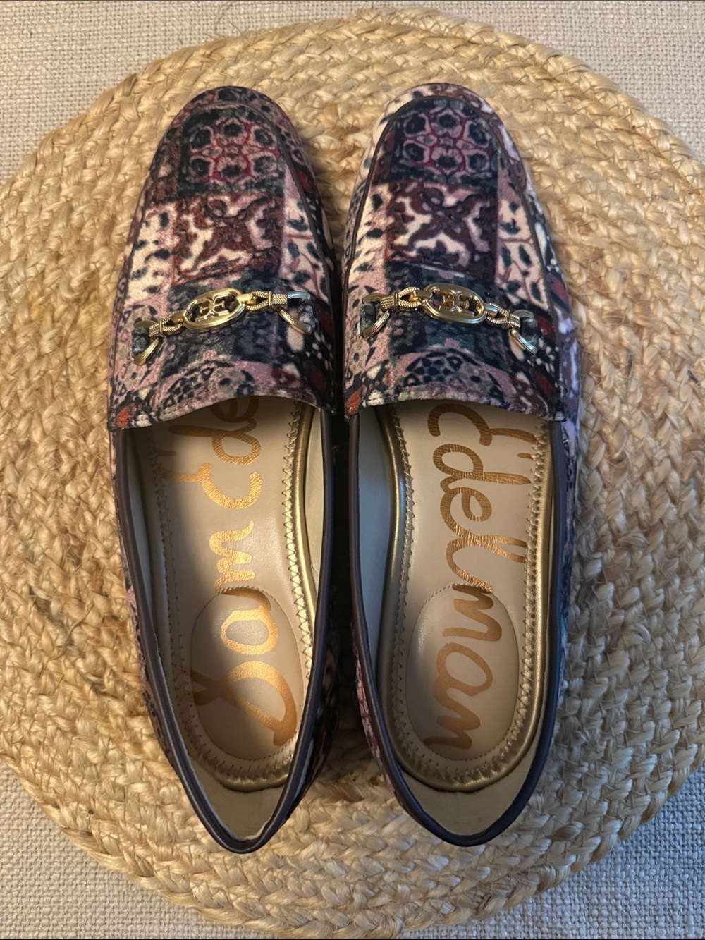 Sam Edelman Patterned Velvet Loafers with Gold Chain